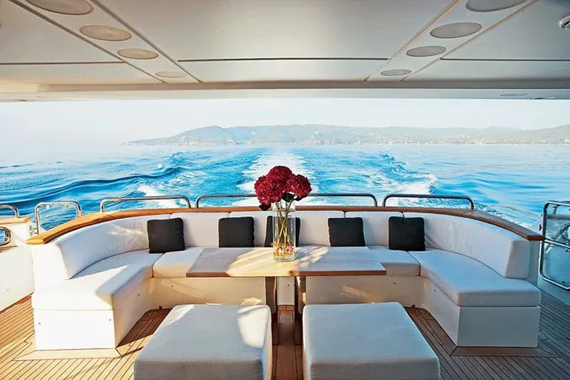 Interior of a yacht with seating and flowers