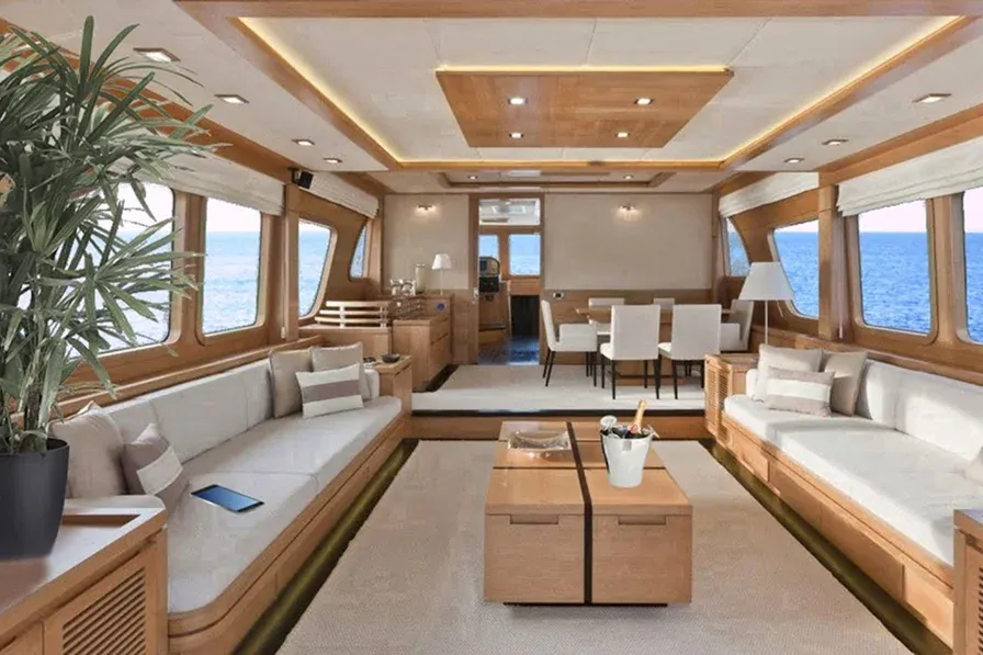 Luxurious yacht interior featuring a spacious lounge Luxurious yacht interior featuring a spacious lounge