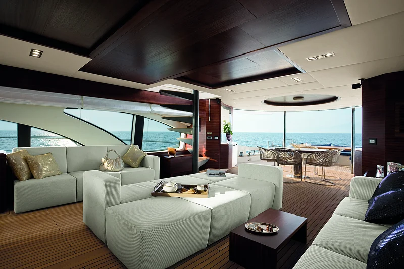 Luxurious yacht interior with modern furniture and ocean view