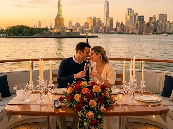A couple clinks champagne glasses on a candlelit yacht at sunset