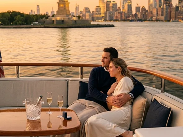 A couple enjoys a romantic moment on a boat