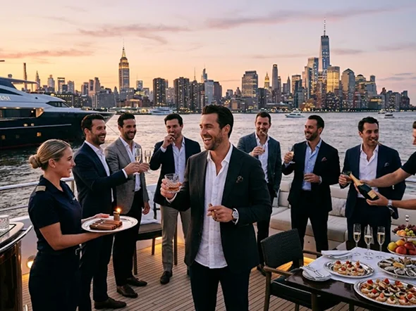 A group of men in suits celebrating on a yacht with a New York City A group of men in suits celebrating on a yacht with a New York City