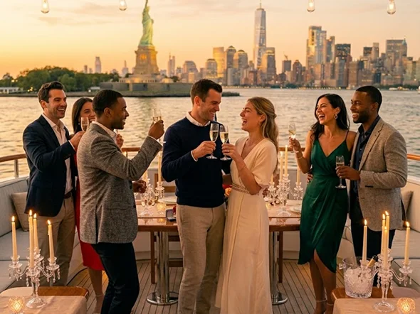 A joyful group of friends celebrating on a boat