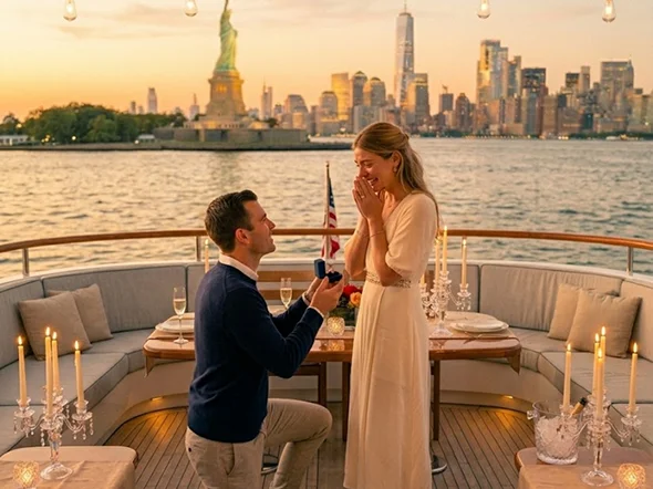 A romantic sunset proposal on a boat