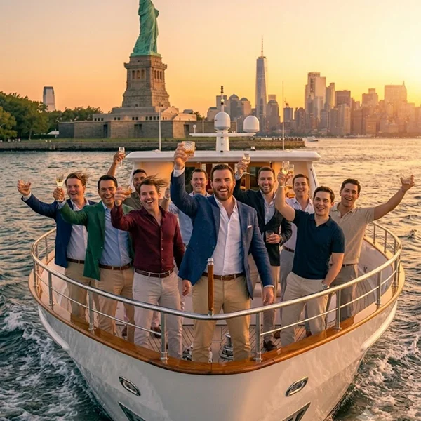 Group of men in smart casual attire toasting with drinks on a boat Group of men in smart casual attire toasting with drinks on a boat