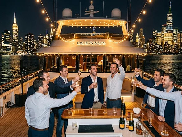 Men in suits toast drinks on a yacht deck at night Men in suits toast drinks on a yacht deck at night