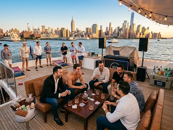 Men on a yacht deck play cornhole and cards with the New York City Men on a yacht deck play cornhole and cards with the New York City