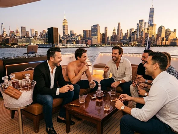 Men on a yacht enjoy drinks and cigars with the New York Men on a yacht enjoy drinks and cigars with the New York
