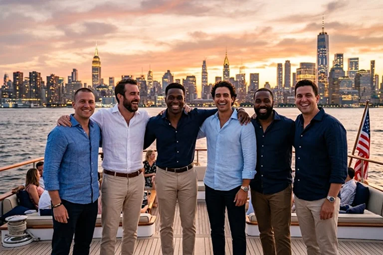 Six men in smart casual attire pose for a photo on a boat Six men in smart casual attire pose for a photo on a boat